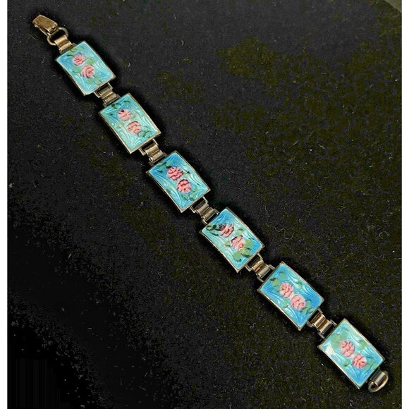 Estate Jewelry - Vintage Sterling Silver Guilloche Panel Link Bracelet 19.9g Pink Roses 6.5"